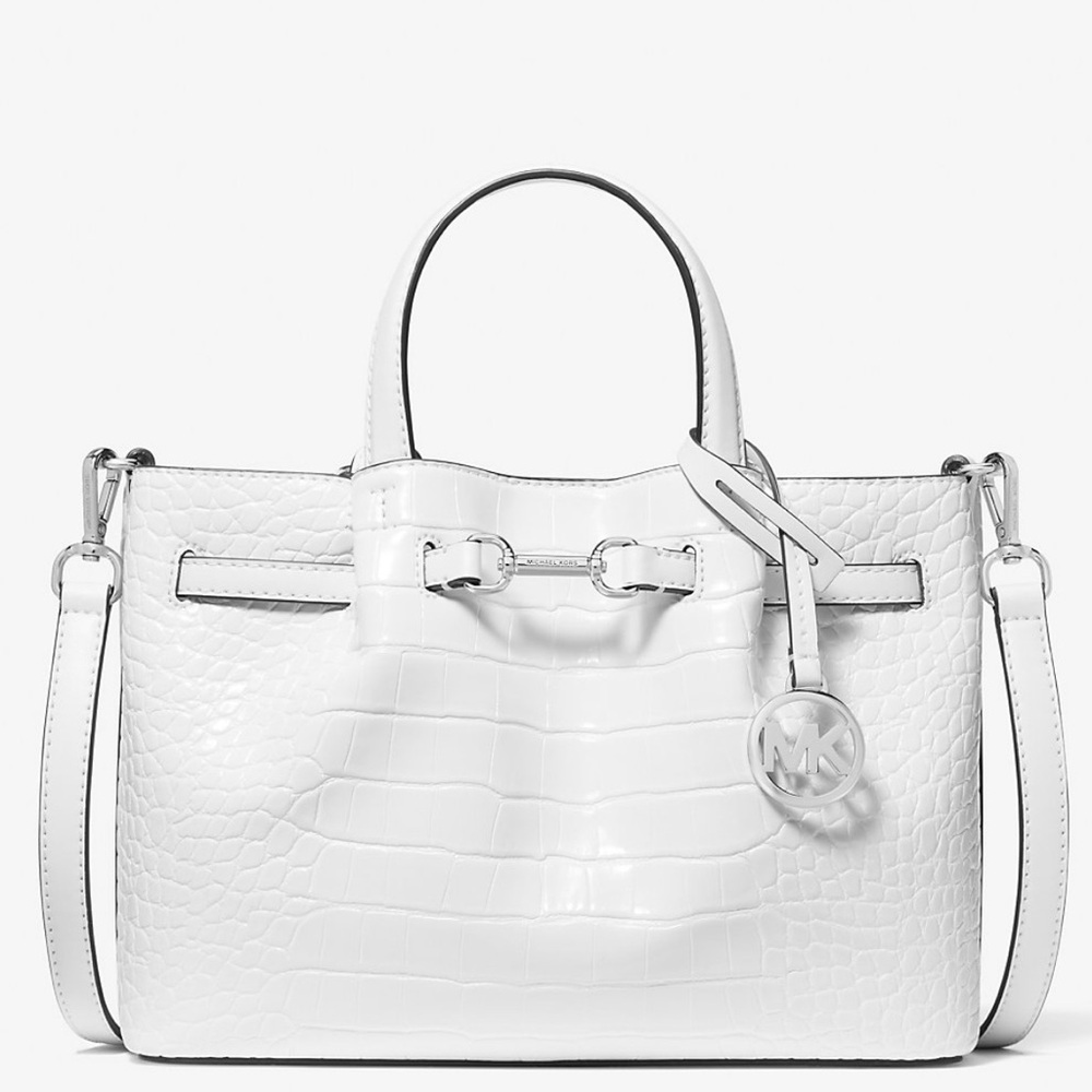 Michael Kors Carson Small Crocodile Embossed Satchel Bag Optic White Leather